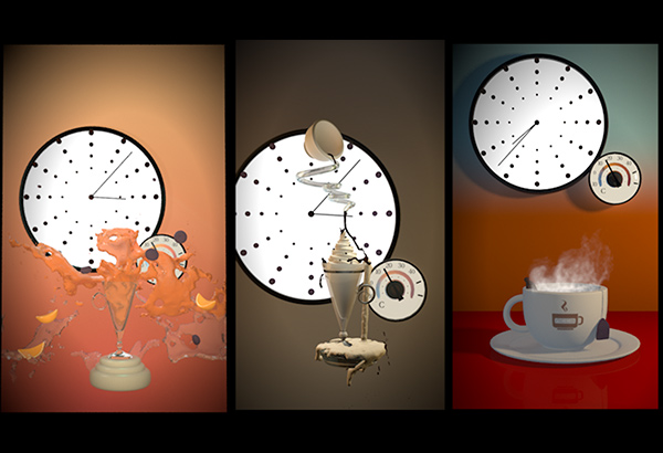 three different imaages of clocks and beverages